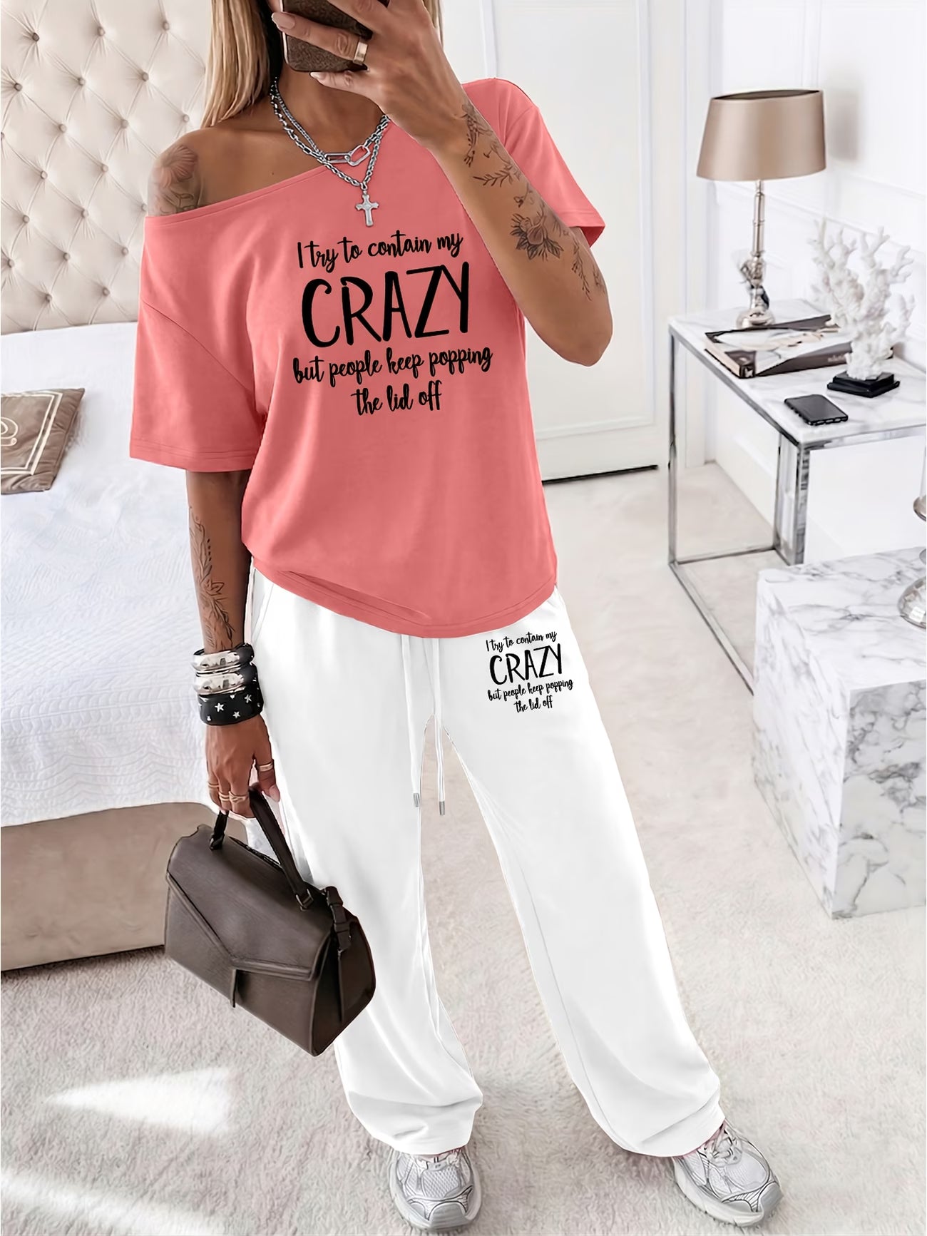 Off-Shoulder Short Sleeve Top & Wide Leg Trousers 2-Piece Co-ord Set