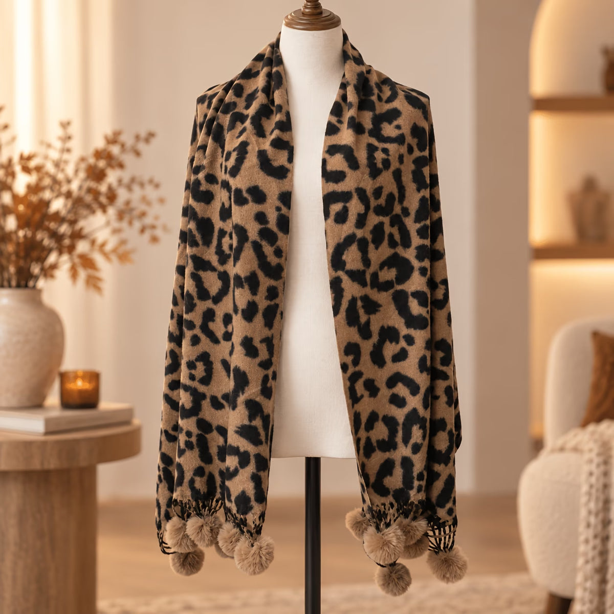 Faux Cashmere Leopard Print Pom-Pom Scarf