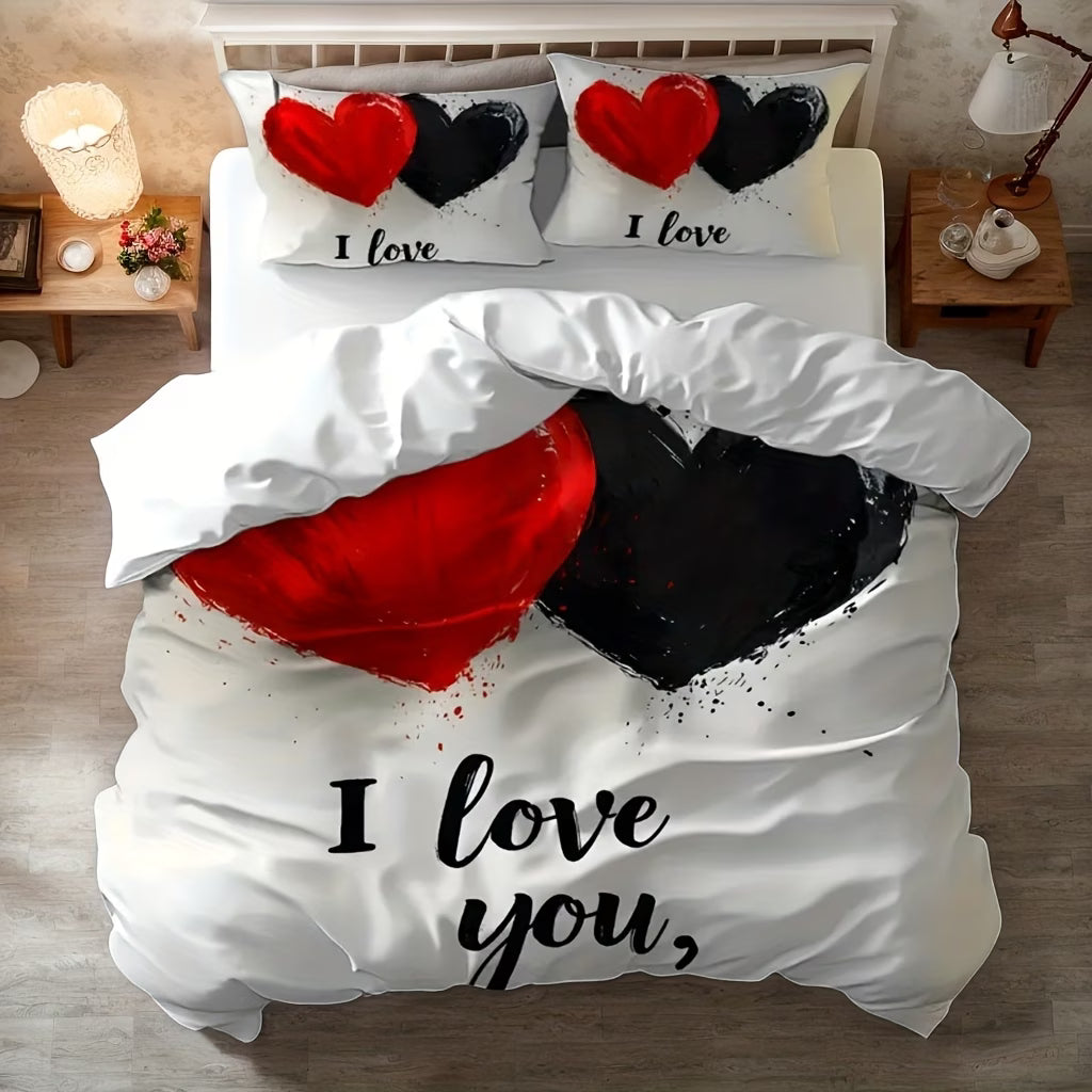 3D Heart Print Duvet Cover Set – 3pcs, Fantasy Abstract Design, All Seasons (Insert Not Included)