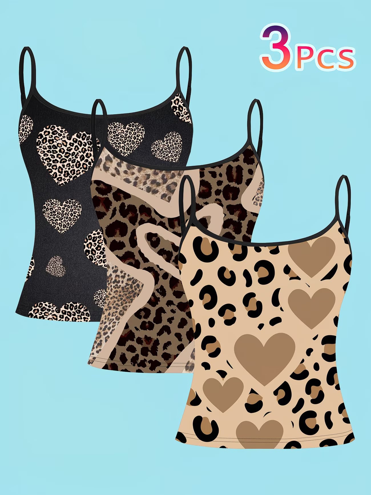 Romantic Heart & Leopard Print Camisole – 3-Pack Women's Cami Tops