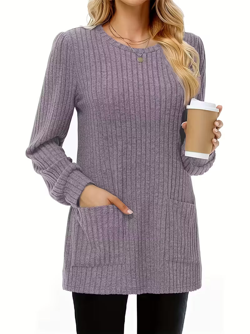 Plus Size, Women'S Plus Size Ribbed Round Neck Top with Pockets