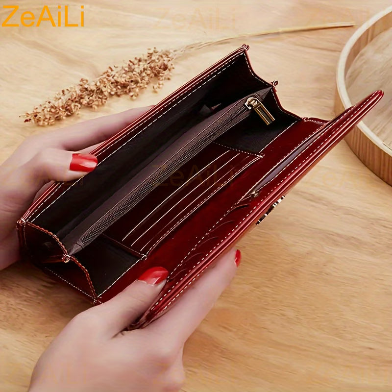 Vintage Tri-Fold Highland Cow Wallet – 2D Calf Print Long Clutch Purse