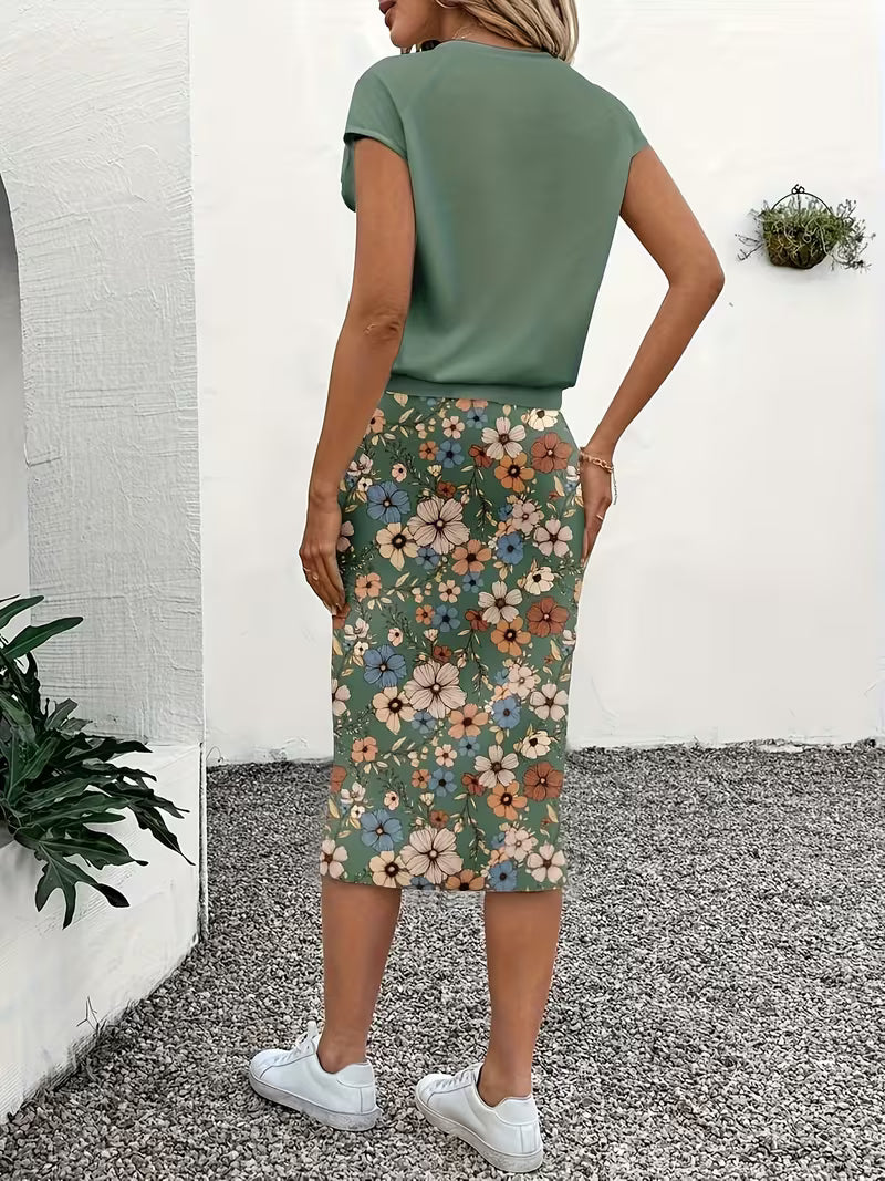 Green Floral Pattern Casual Skirt Set