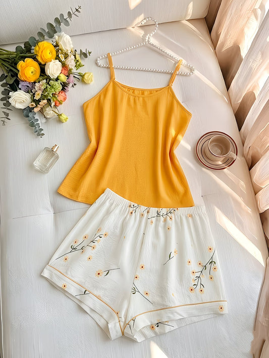 Yellow & Light White Micro-Elastic Short Home Wear Set