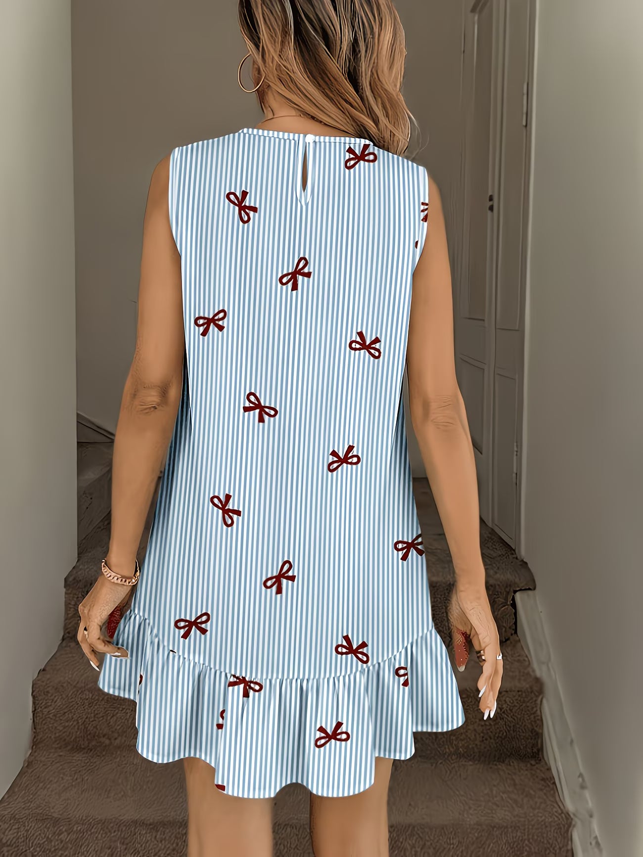 Women'S Fresh Blue And White Stripes + Wine Red Bow, Ruffle Hem dress