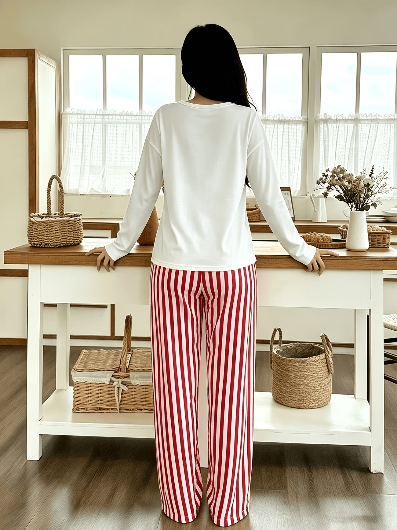 Striped English Bow Print Pajama Set | Long Sleeve & Long Pants