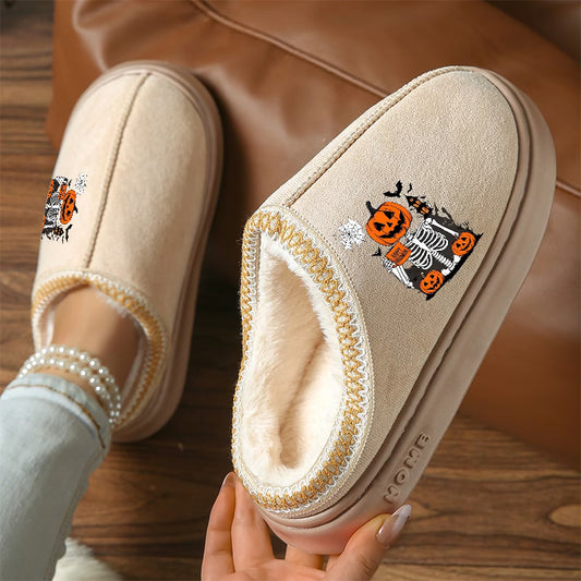 Halloween BOO Skull & Pumpkin Slippers – Women's & Unisex Plus Size