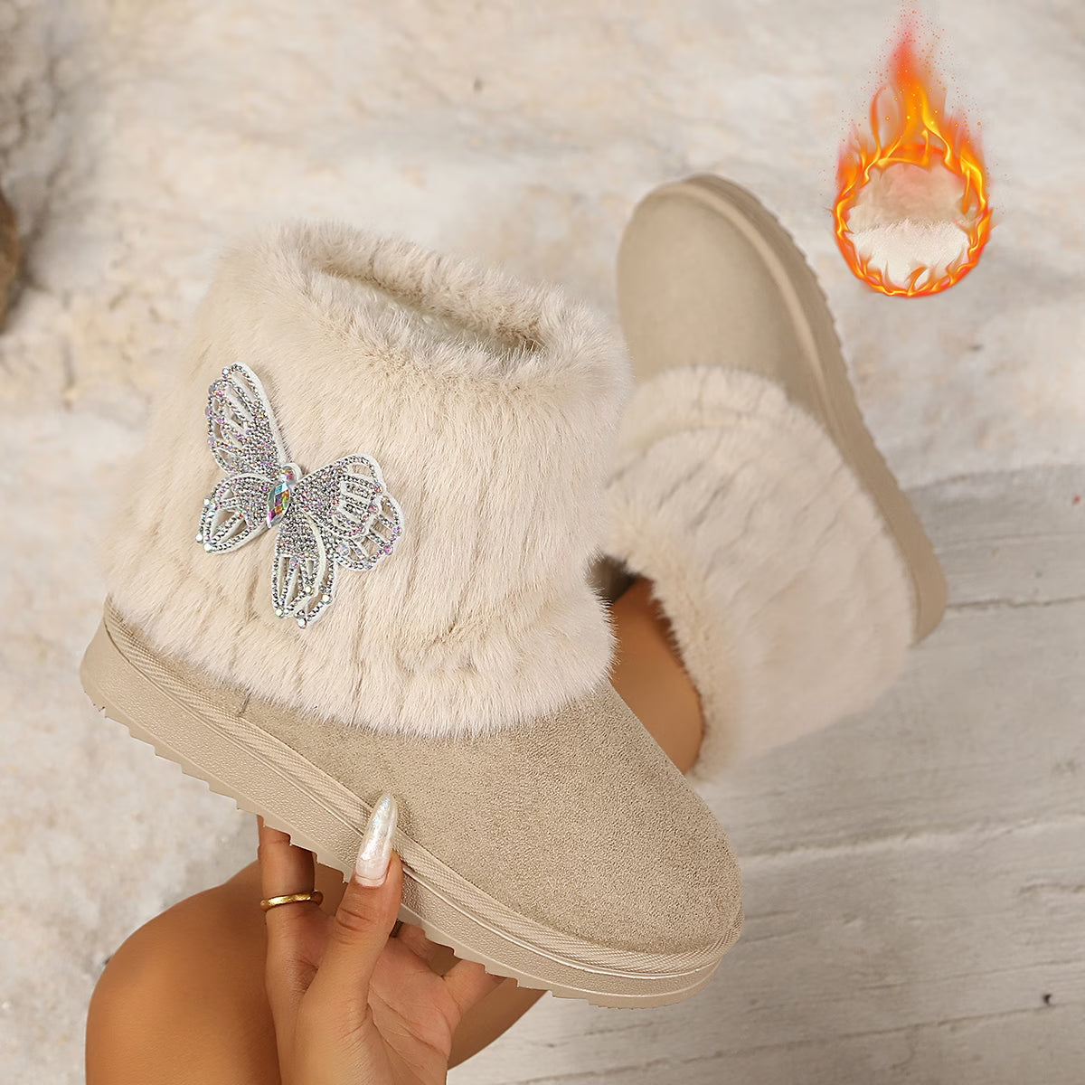 Women's Plush Rhinestone Butterfly Snow Boots