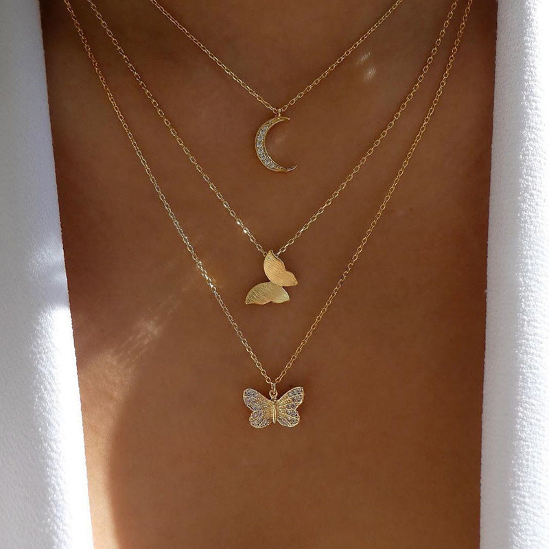 Multi-layer Crystal Butterfly & Moon Pendant Necklace