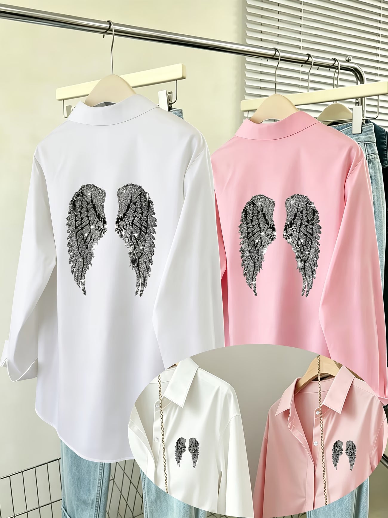 [2-Piece Set] Silvery Glitter Diamond Angel Wings Shirt