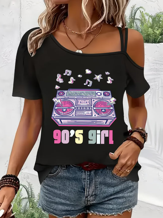 Retro Radio Print Off-Shoulder Top