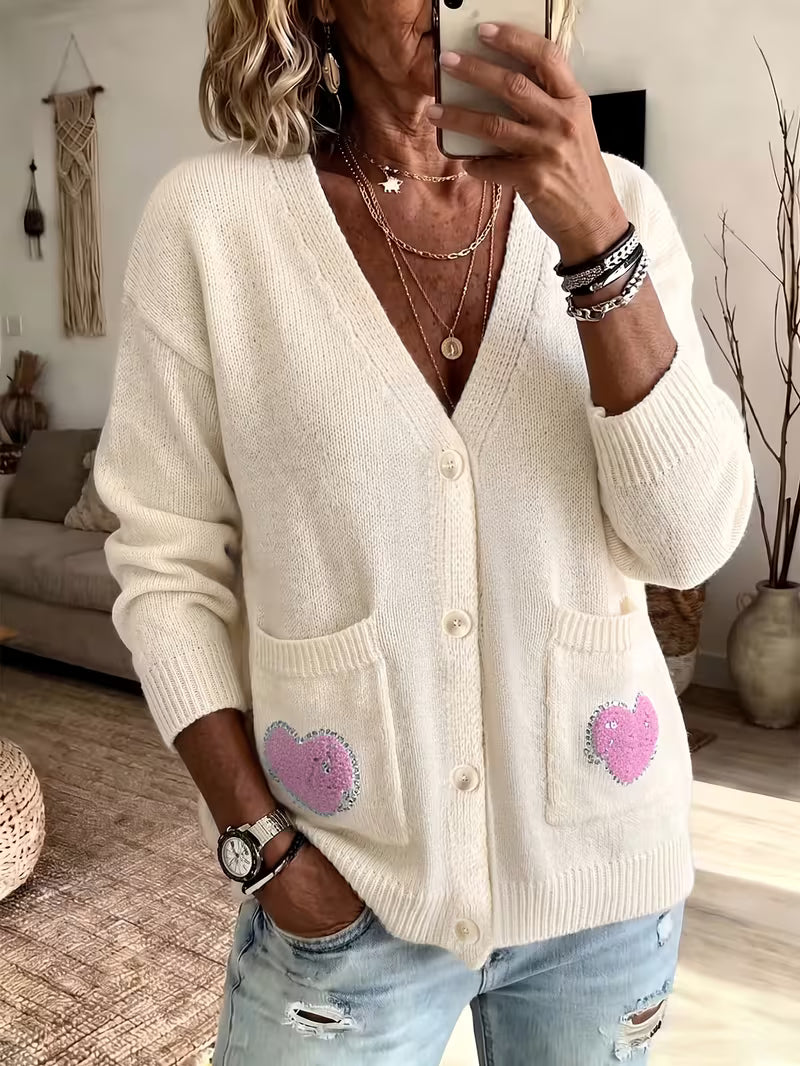 Women's Heart Jacquard V-Neck Cardigan with Sequins