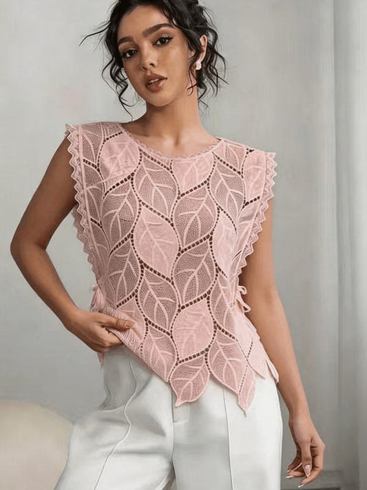 Elegant Round-Neck Crochet Sweater with Leaf Shapes