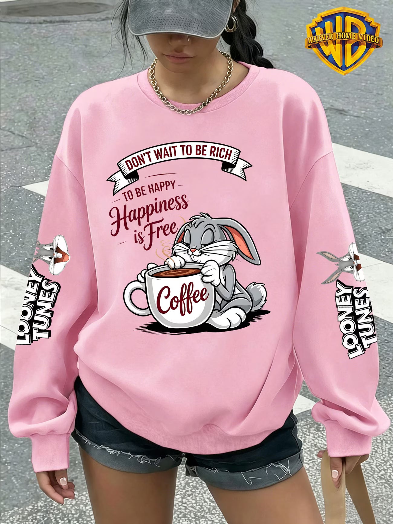Women's Crew Neck Sweatshirt – Coffee-Themed Cartoon Bunny Graphic
