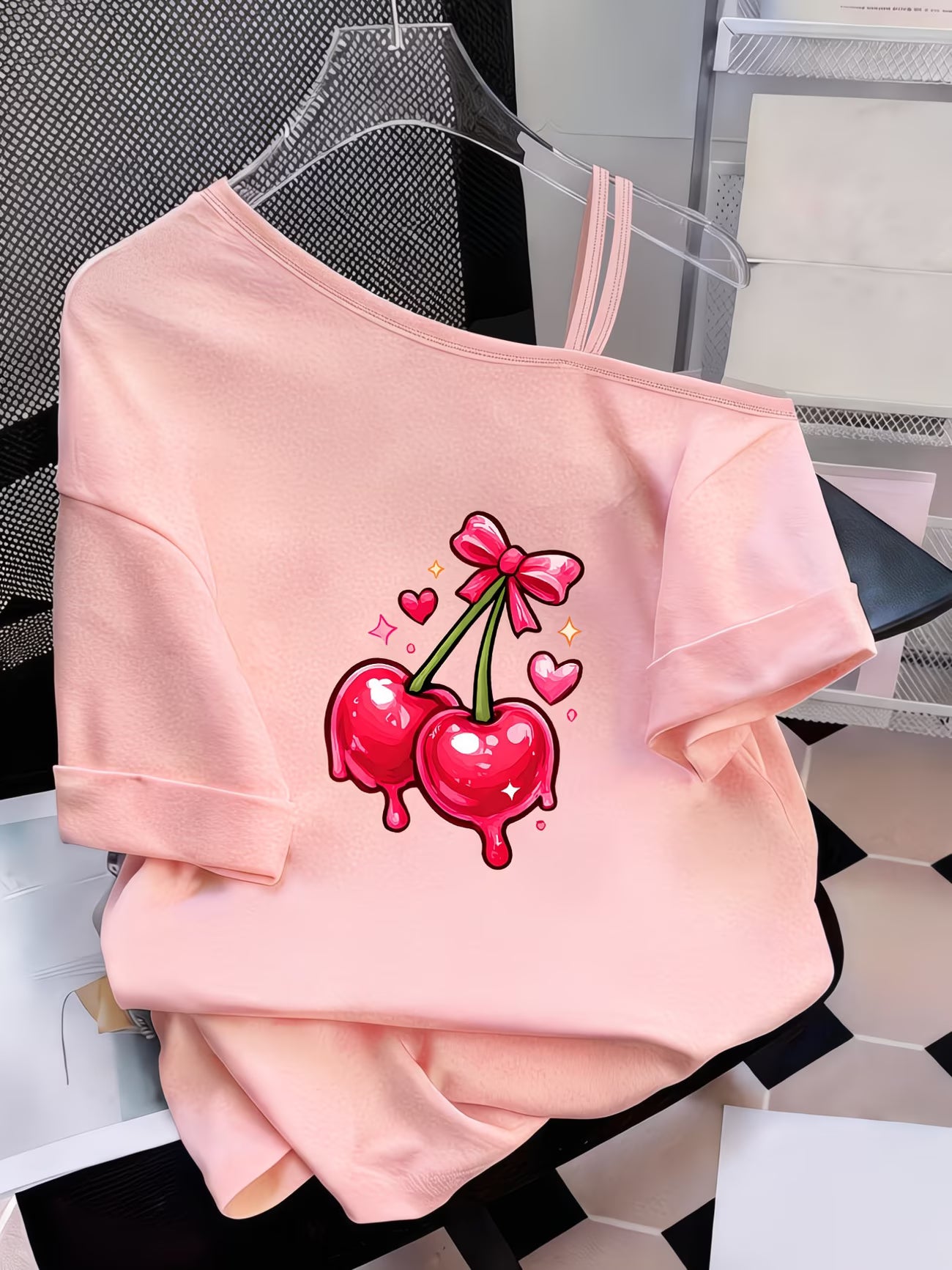 Women's Y2K Off-Shoulder T-Shirt – Cherry & Heart Print