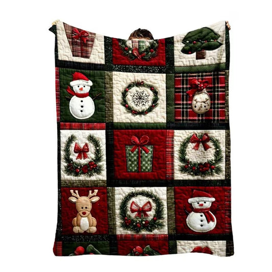 Christmas Patchwork-Style Throw Blanket – Snowman & Reindeer