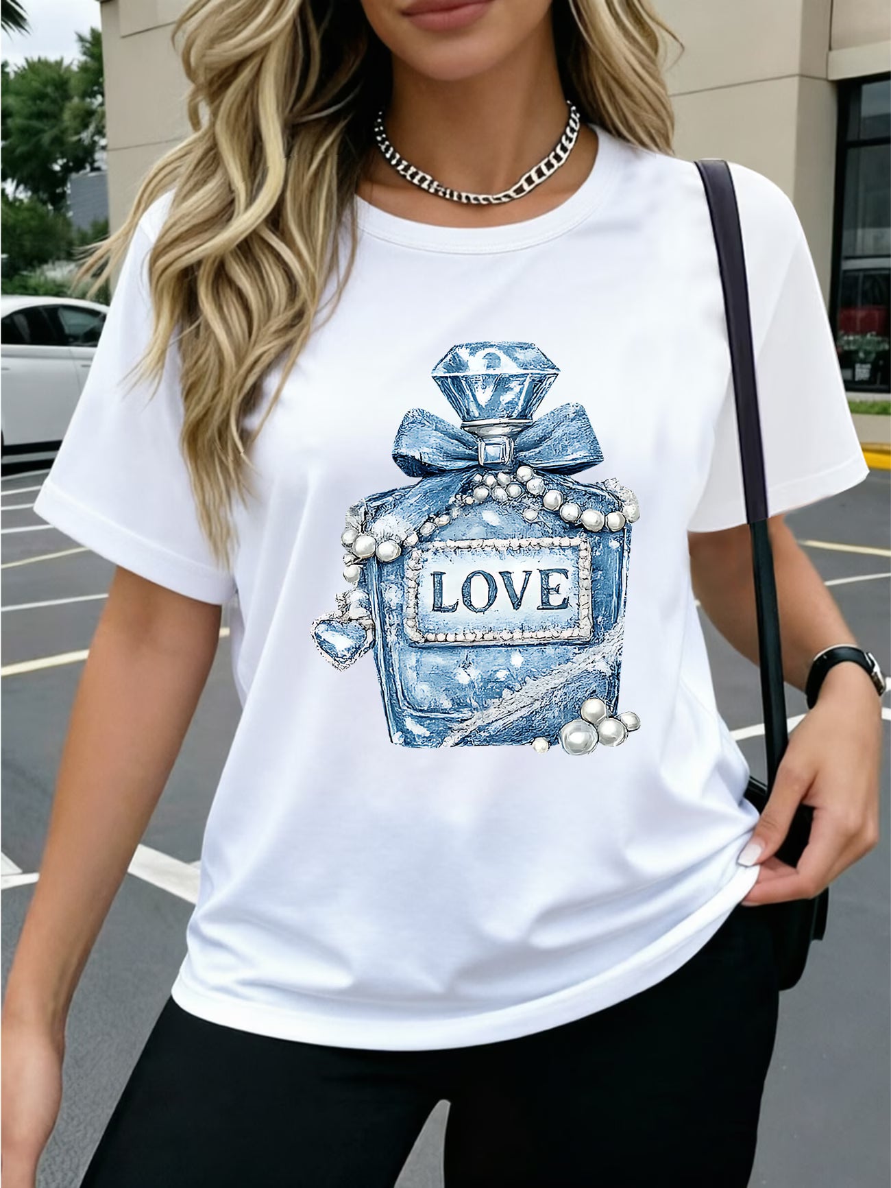 Denim Pearl Bow Heart T-Shirt Denim Fabric