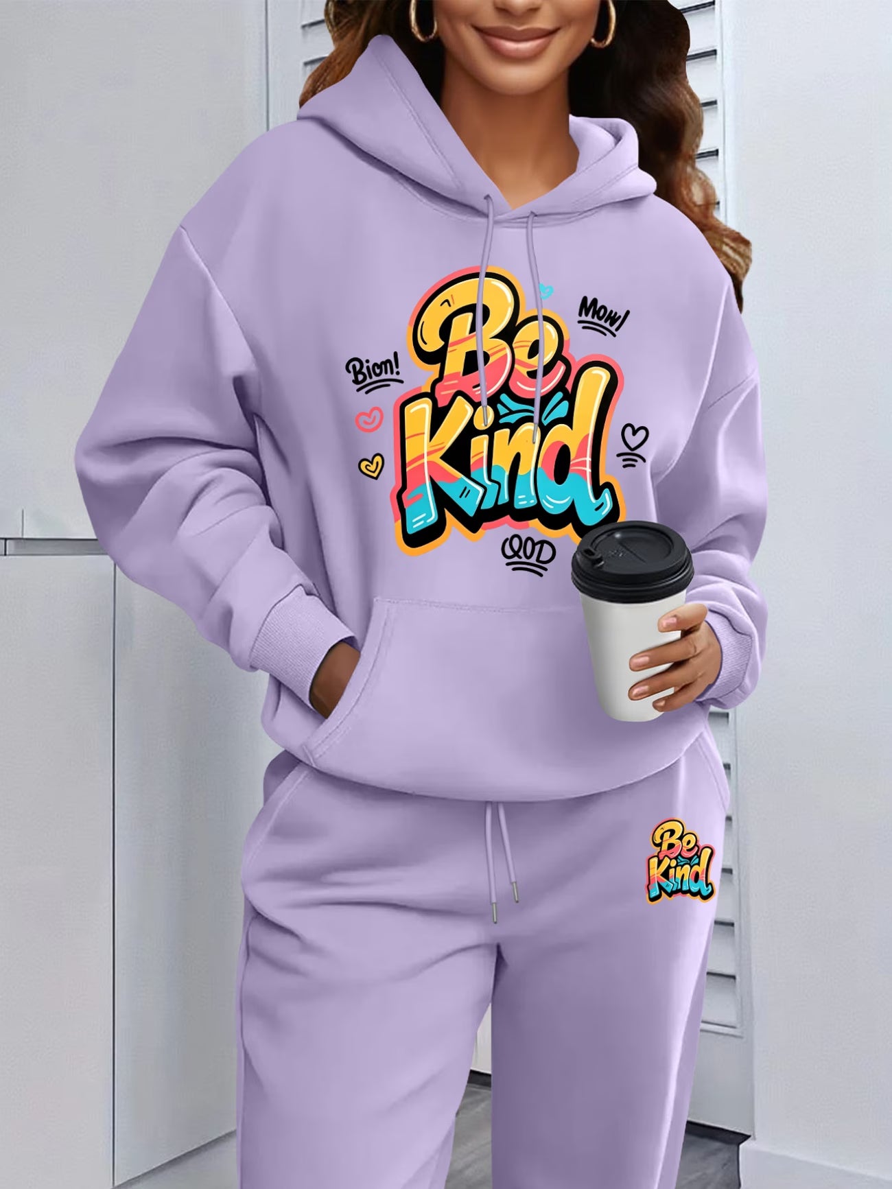 Be Kind Colourful Graffiti Print Hooded Sweatshirt & Sweatpants Set