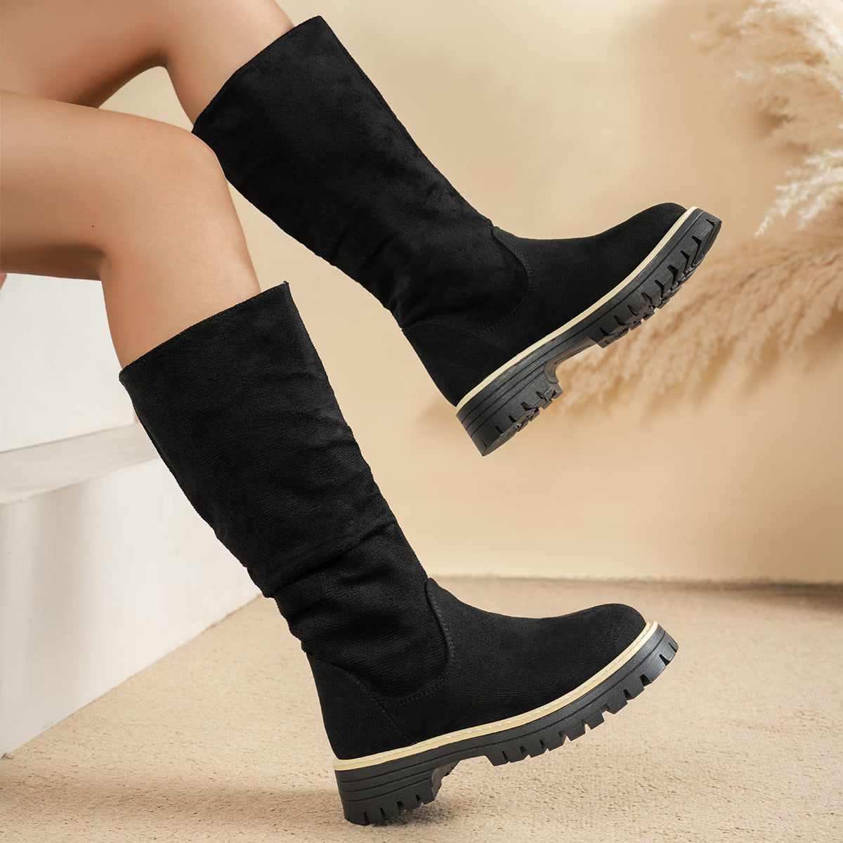 Women's Vintage Pleated Slouchy Mid-Calf Knight Boots