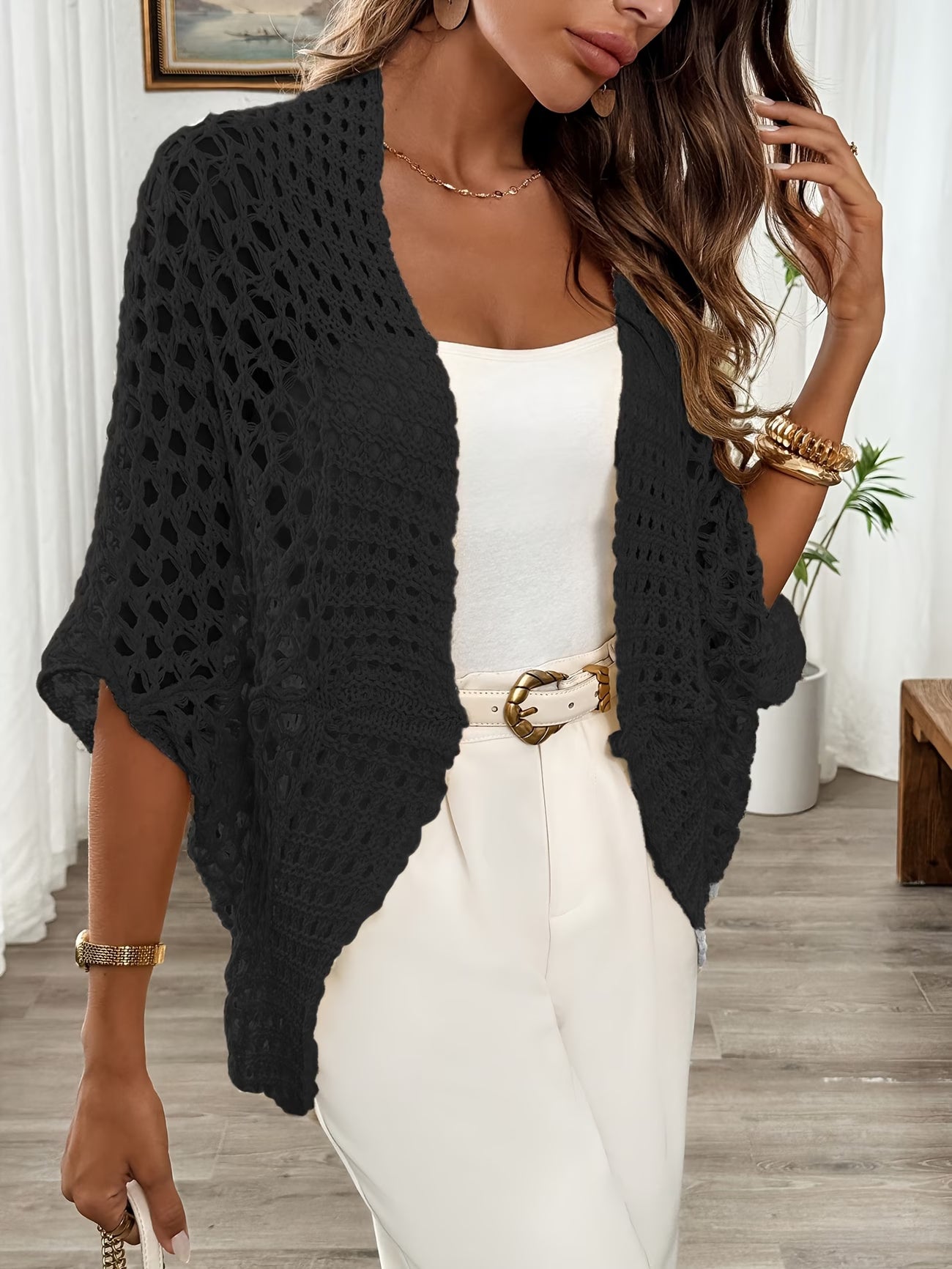 Batwing Sleeve Loose Hollow Elegant Cardigan