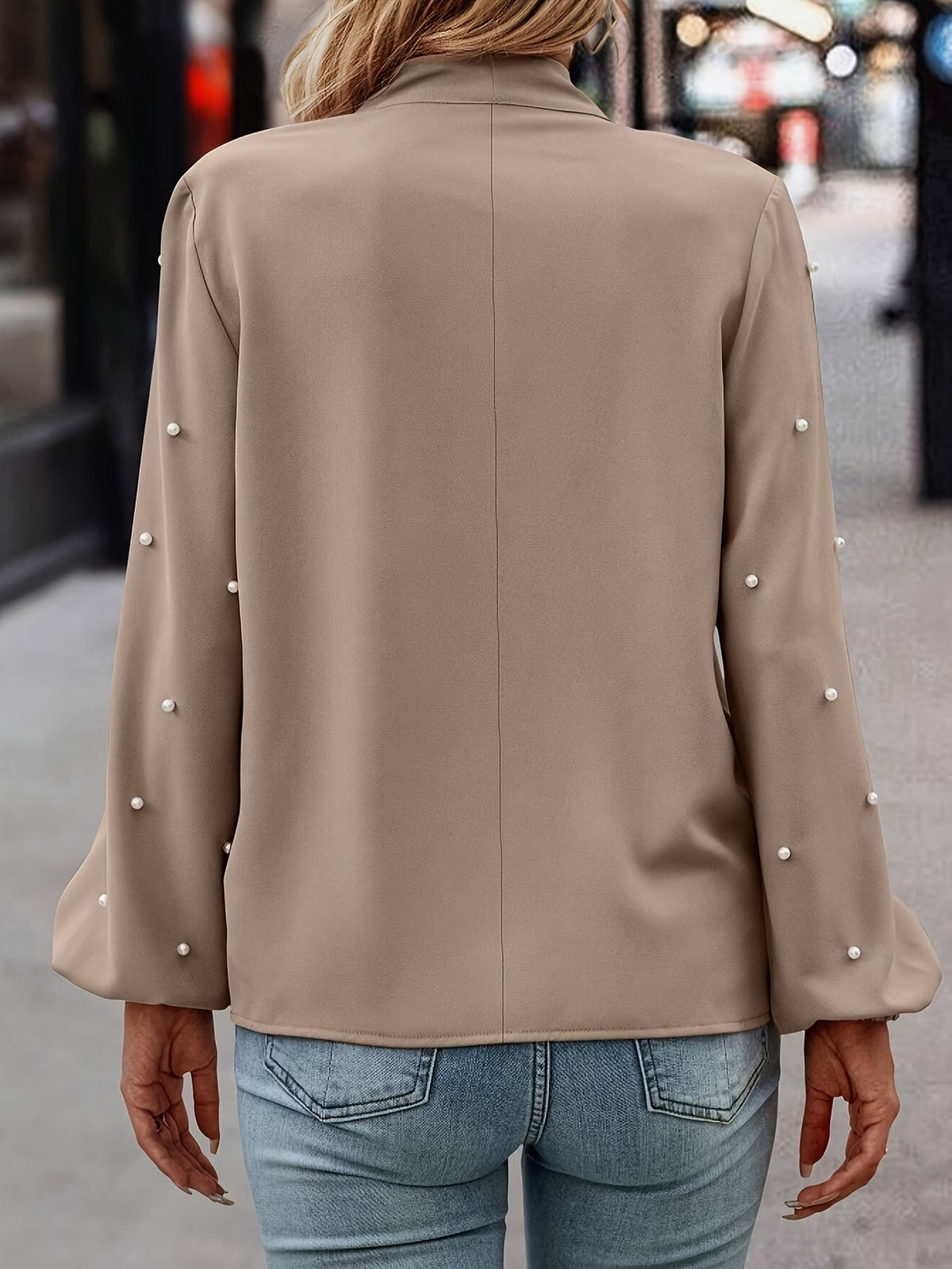Women’s Lantern Sleeve Shirt with Faux Pearl Detail