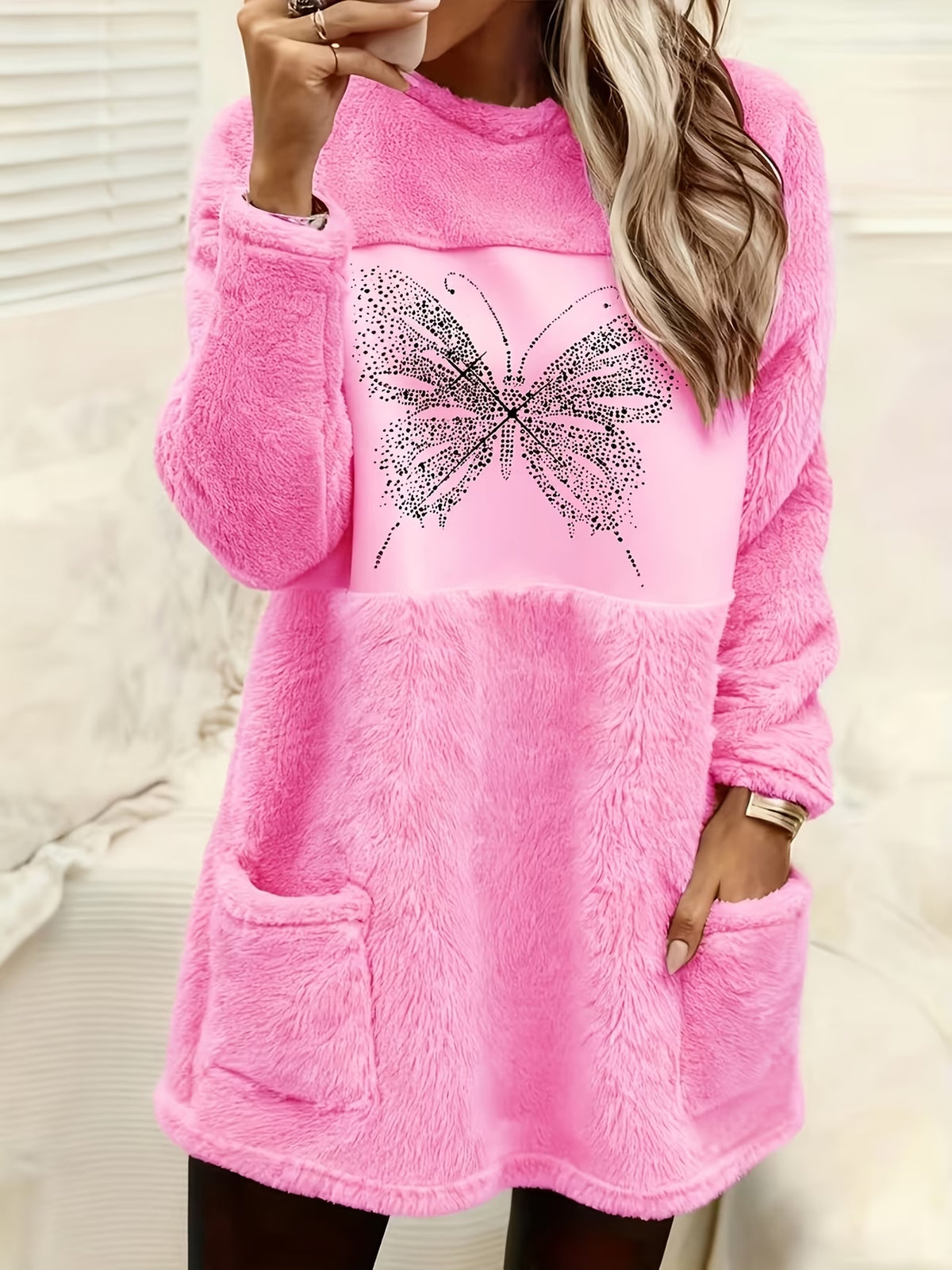 Women's Butterfly Print Plush Sweatshirt Dress