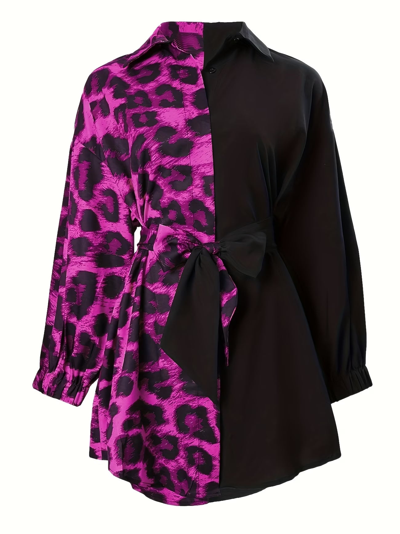Women's Leopard Print Patchwork Lace-Up Shirt Dress
