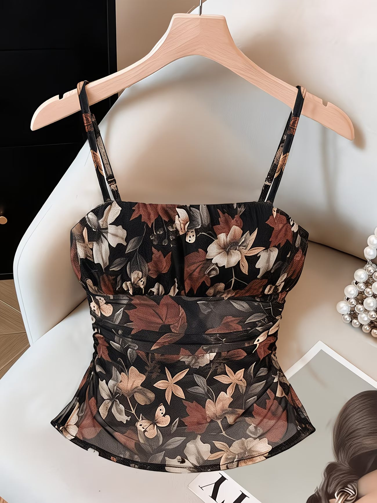Floral Print Mesh Camisole with Chest Pleats