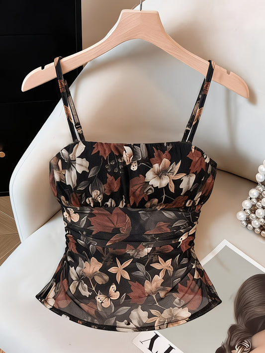 Floral Print Mesh Camisole with Chest Pleats