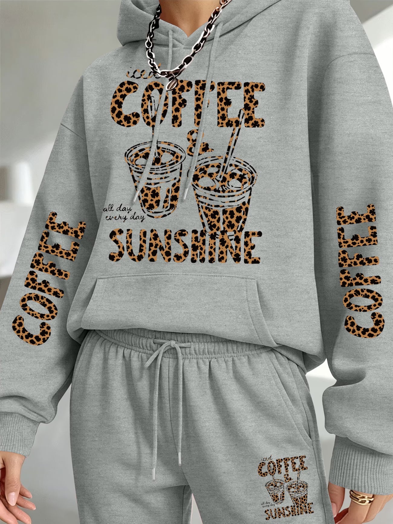 Women's 'Coffee & Sunshine' Leopard Print Hoodie & Jogger Set