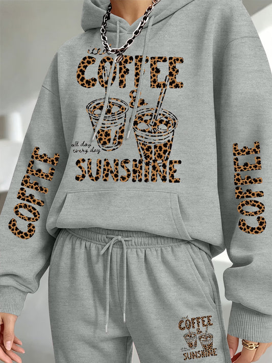 Women's 'Coffee & Sunshine' Leopard Print Hoodie & Jogger Set