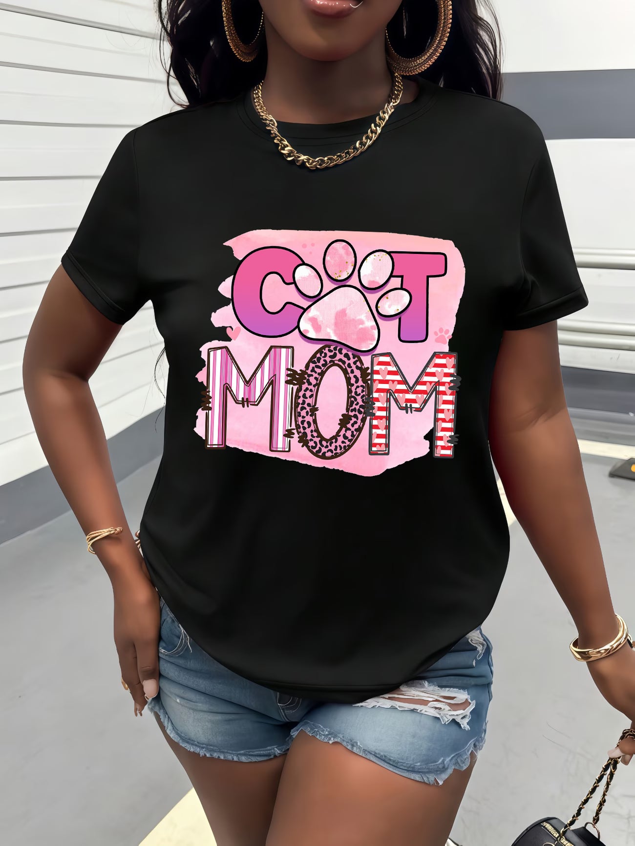 Women's Cat Paw Print "CAT MOM" T-Shirt