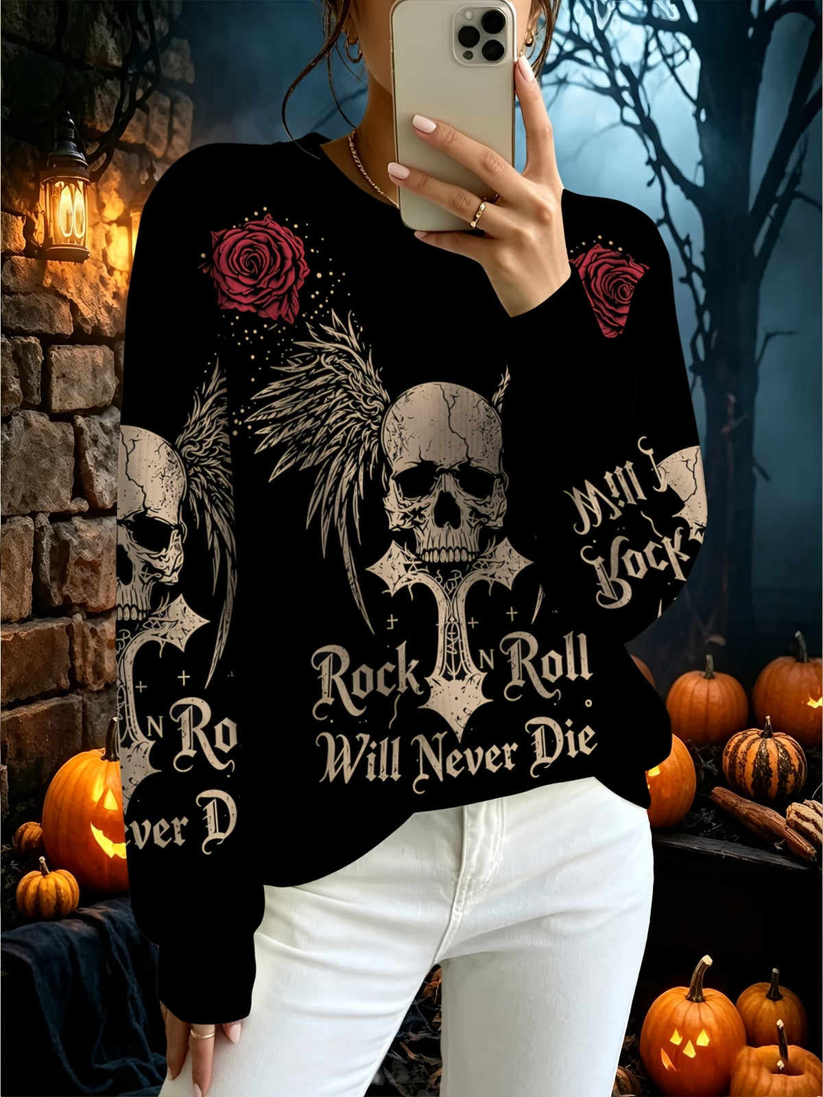 Women's Skull, Wings & Red Rose Print Long-Sleeve Top