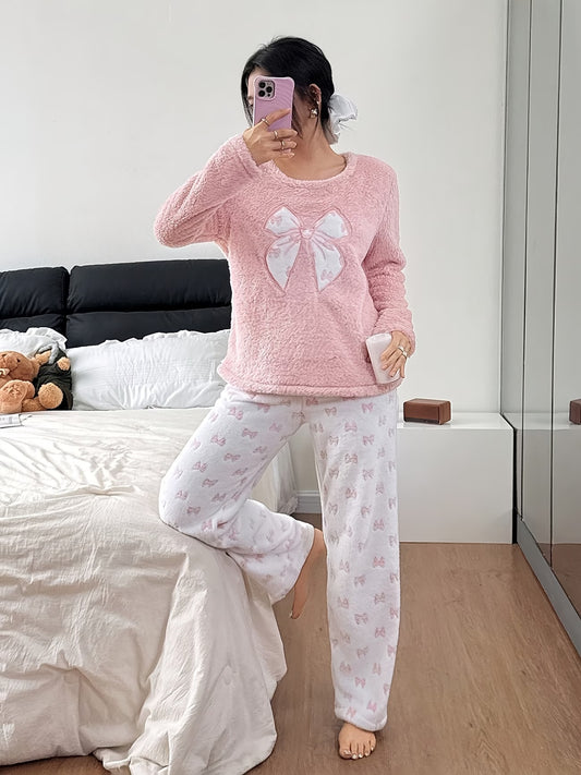 Women's Plush Fleece Bow Print Pyjama Set