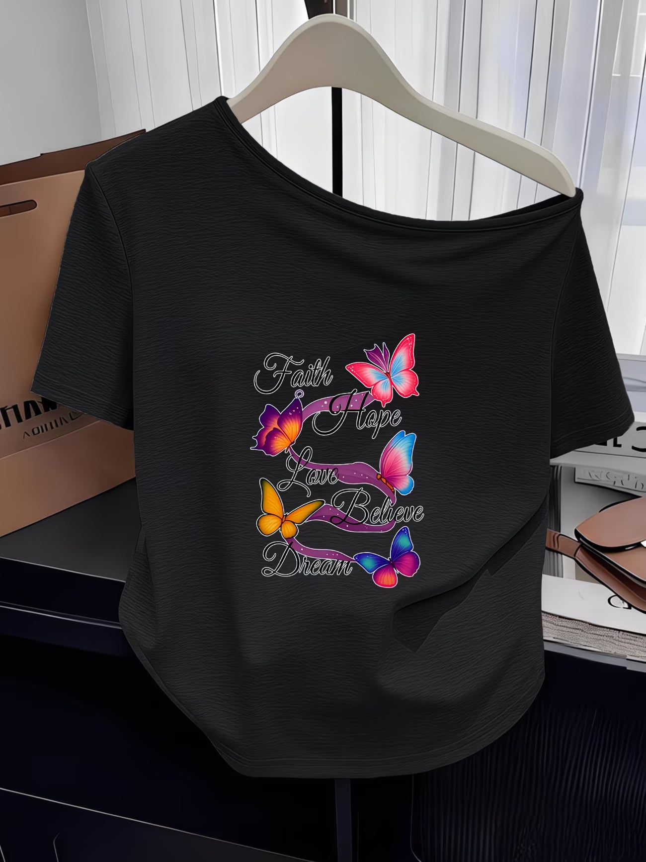 Butterfly Print Off-Shoulder T-Shirt