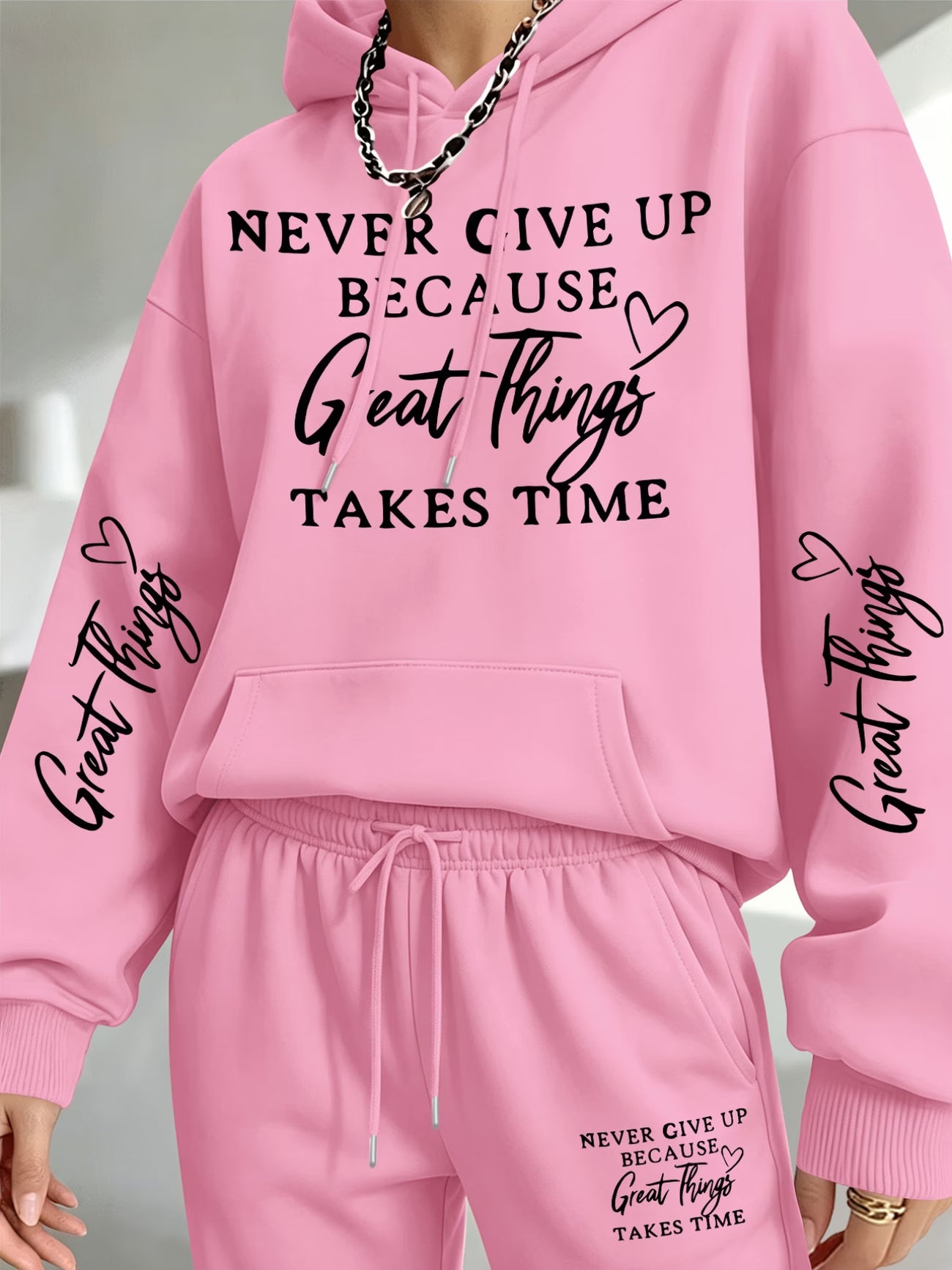 Perseverance & Patience Inspirational Print Hooded Sweatshirt & Sweatpants Set