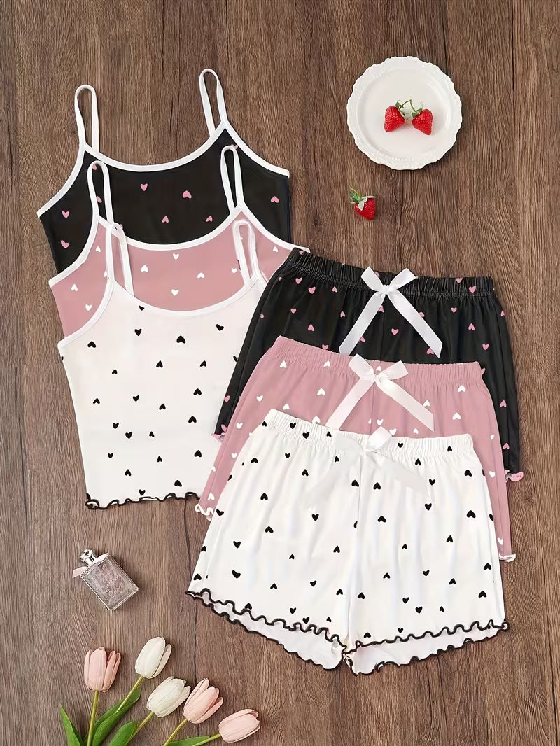 3pcs Heart Print Women's Cami Top & Short Set