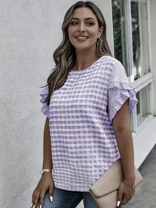 Checkered Short-Sleeve Top with Ruffle Detail