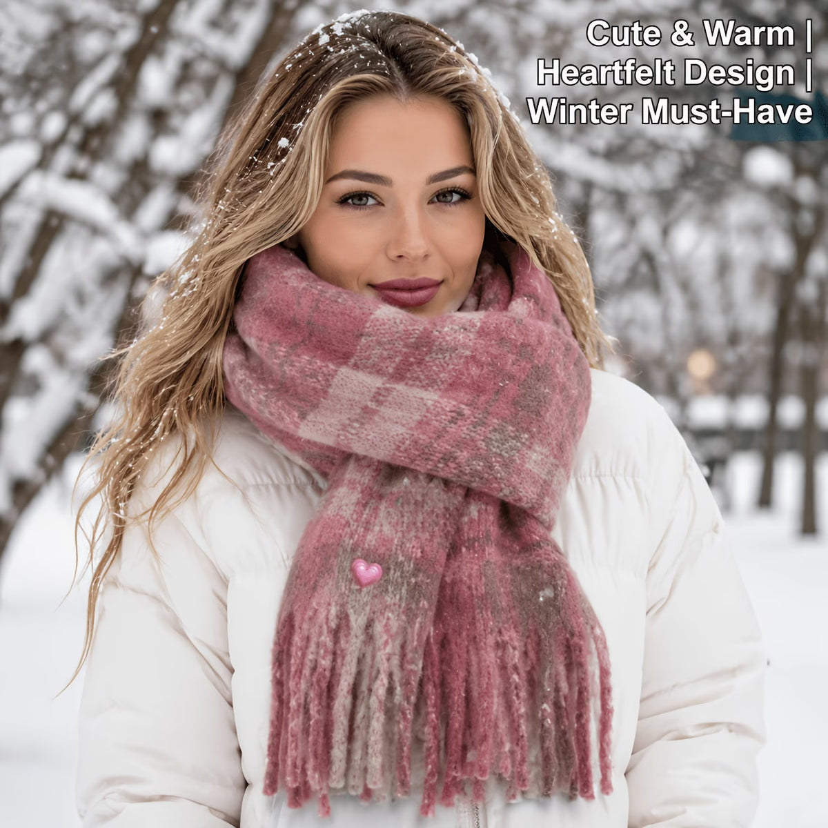 Rose-Coloured Plaid Oversized Winter Scarf