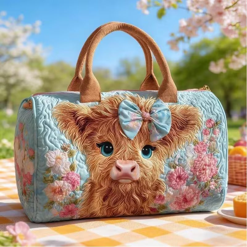Bohemian-Style Scottish Highlands Cow Print Flat Quilted Tote Bag, Shoulder Bag