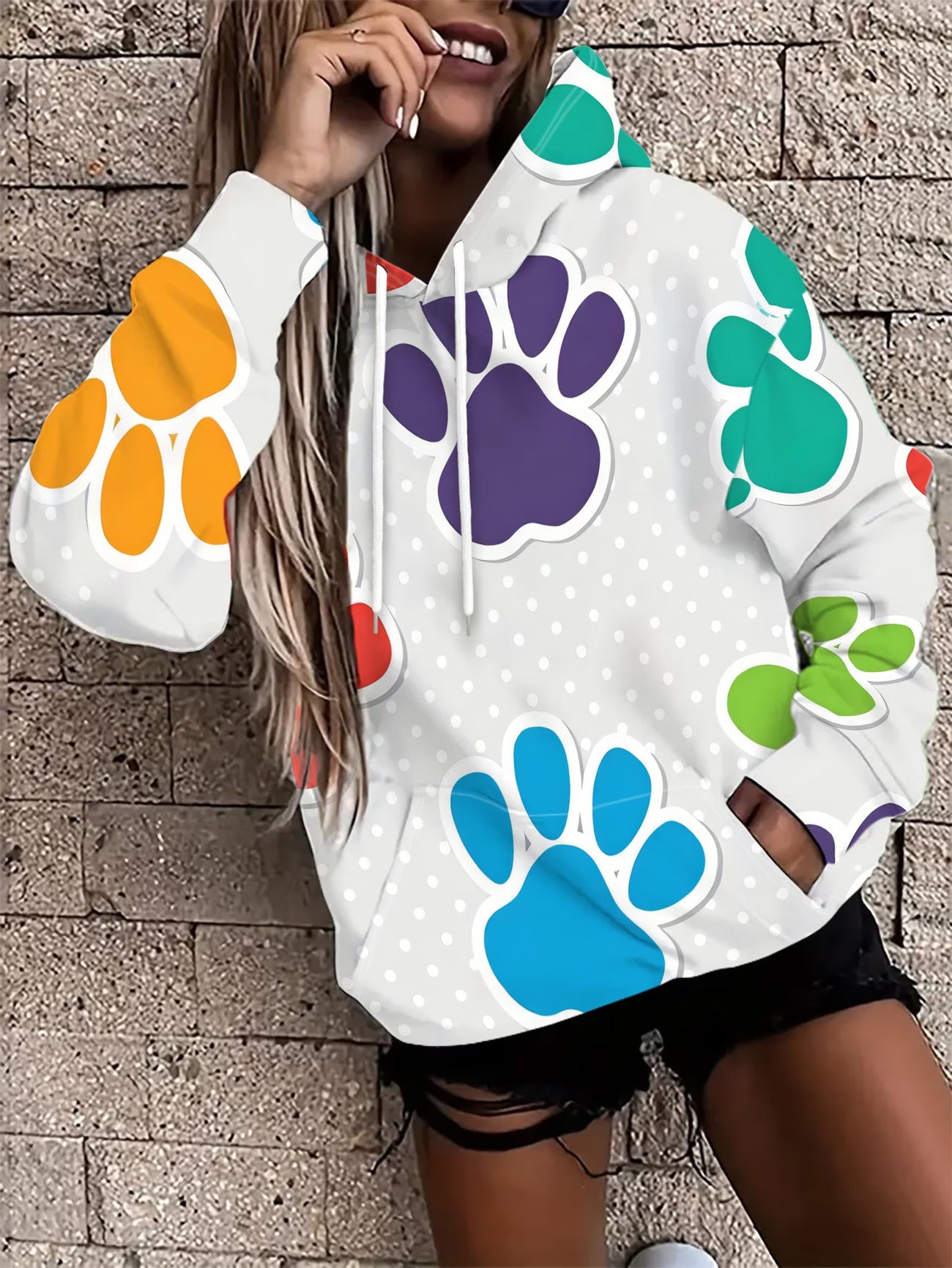 Women's Hooded Sweatshirt – Cute Paw Print Pattern