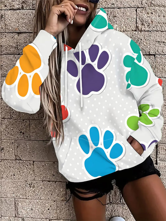 Women's Hooded Sweatshirt – Cute Paw Print Pattern