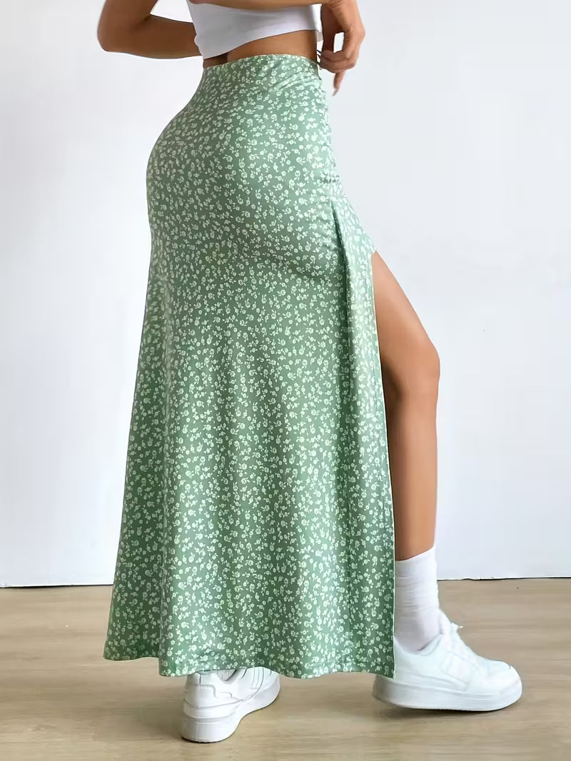 Women's Casual Floral Print Flared Skirt with Slit,