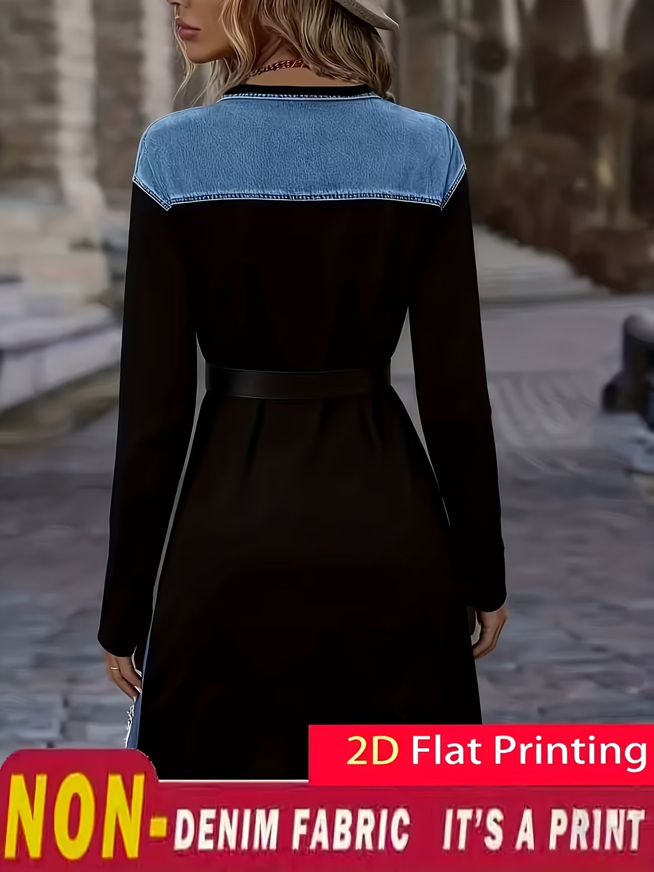 2D Printed Faux Denim Women's Long Top
