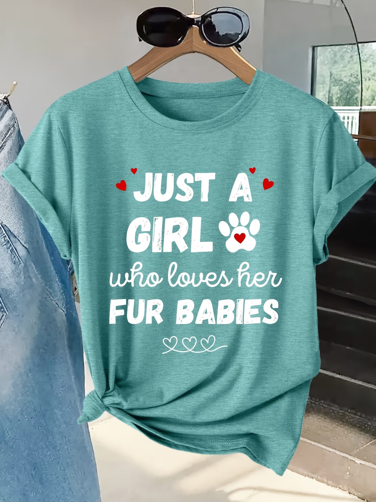 Women's Cute Heart & Pet Print Graphic Tee | Short-Sleeve T-Shirt