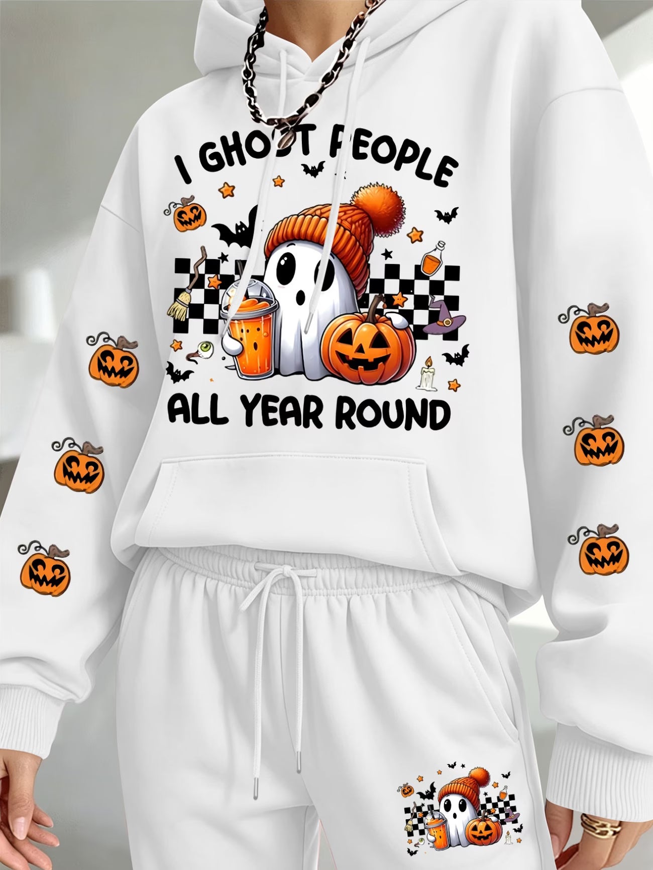 Women's Halloween Ghost & Jack-O'-Lantern Print Hoodie & Jogger Set
