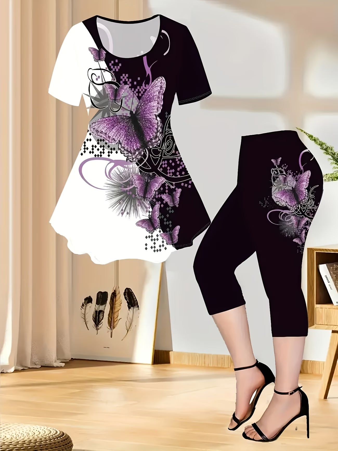 2-Piece Women's T-Shirt & Pants Set – Elegant Butterfly Colour Block Design