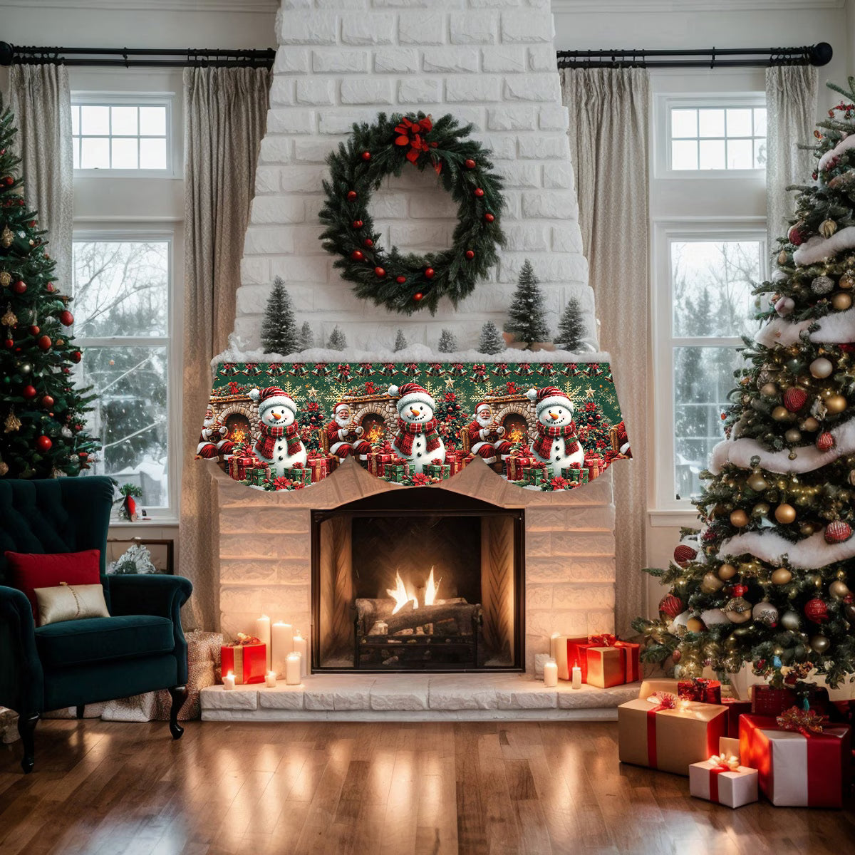Christmas Fireplace Towel | Striped Snowflake, Snowman & Santa Claus Pattern | Soft Rectangular Holiday Decoration