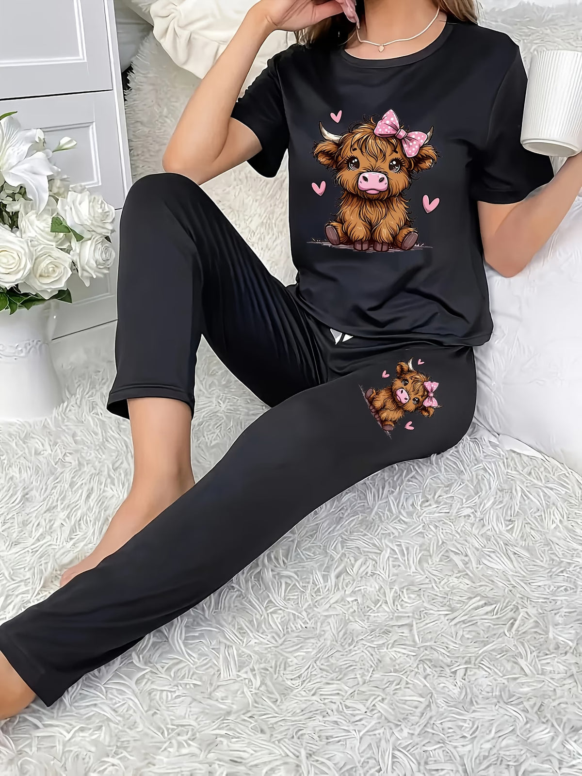 Women's Highland Cow Pajama Set – Pink Bow & Sweet Hearts Print