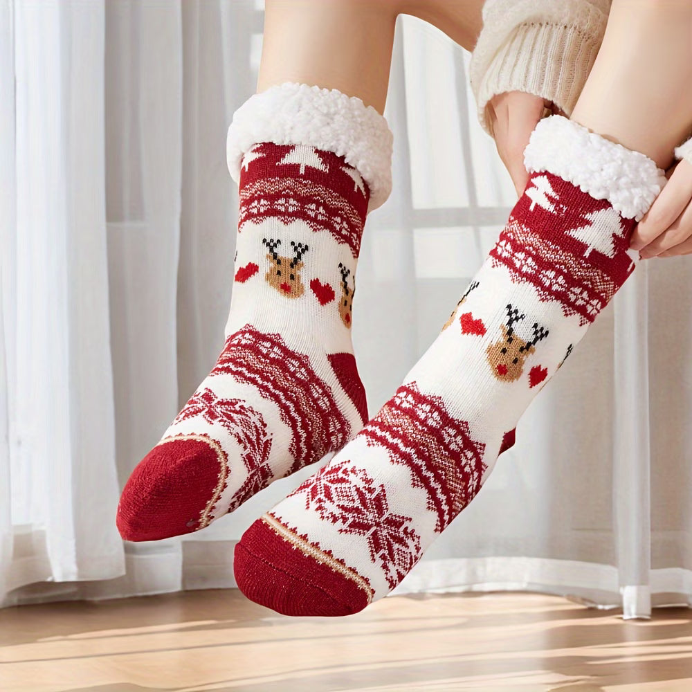 Christmas Plush-Lined Thermal Socks – Soft Mid-Calf Slipper Socks for Women